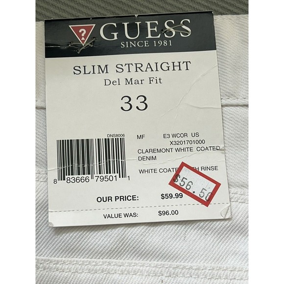 New Guess White Jeans Mens Slim Straight Del Mar Fit Size 33 100% Cotton Flaw* - Picture 4 of 12